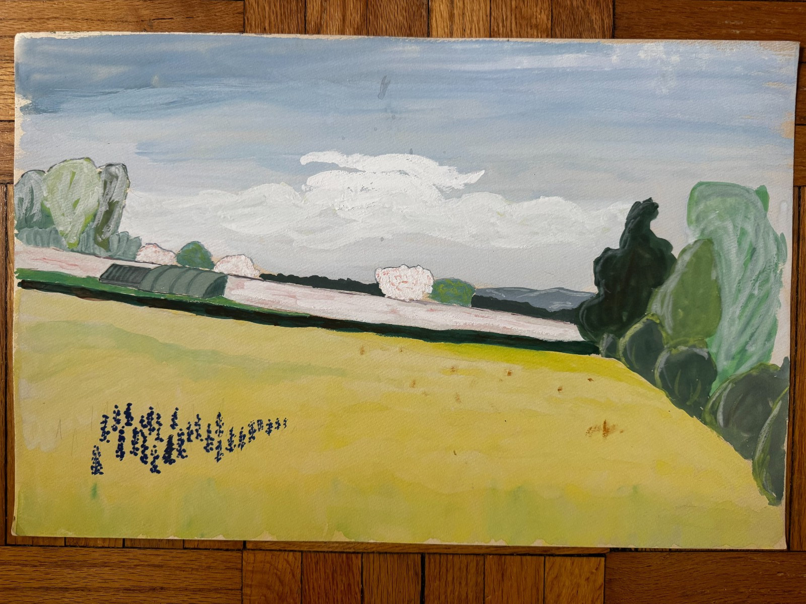 French 1940s Original Watercolor Gouache Painting Landscape Farm Rural 19×12