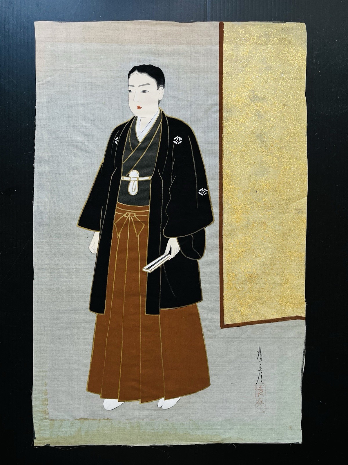 16.5″x11″ Japanese Watercolor Painting on Silk Man in Kimono Montsuki Signed