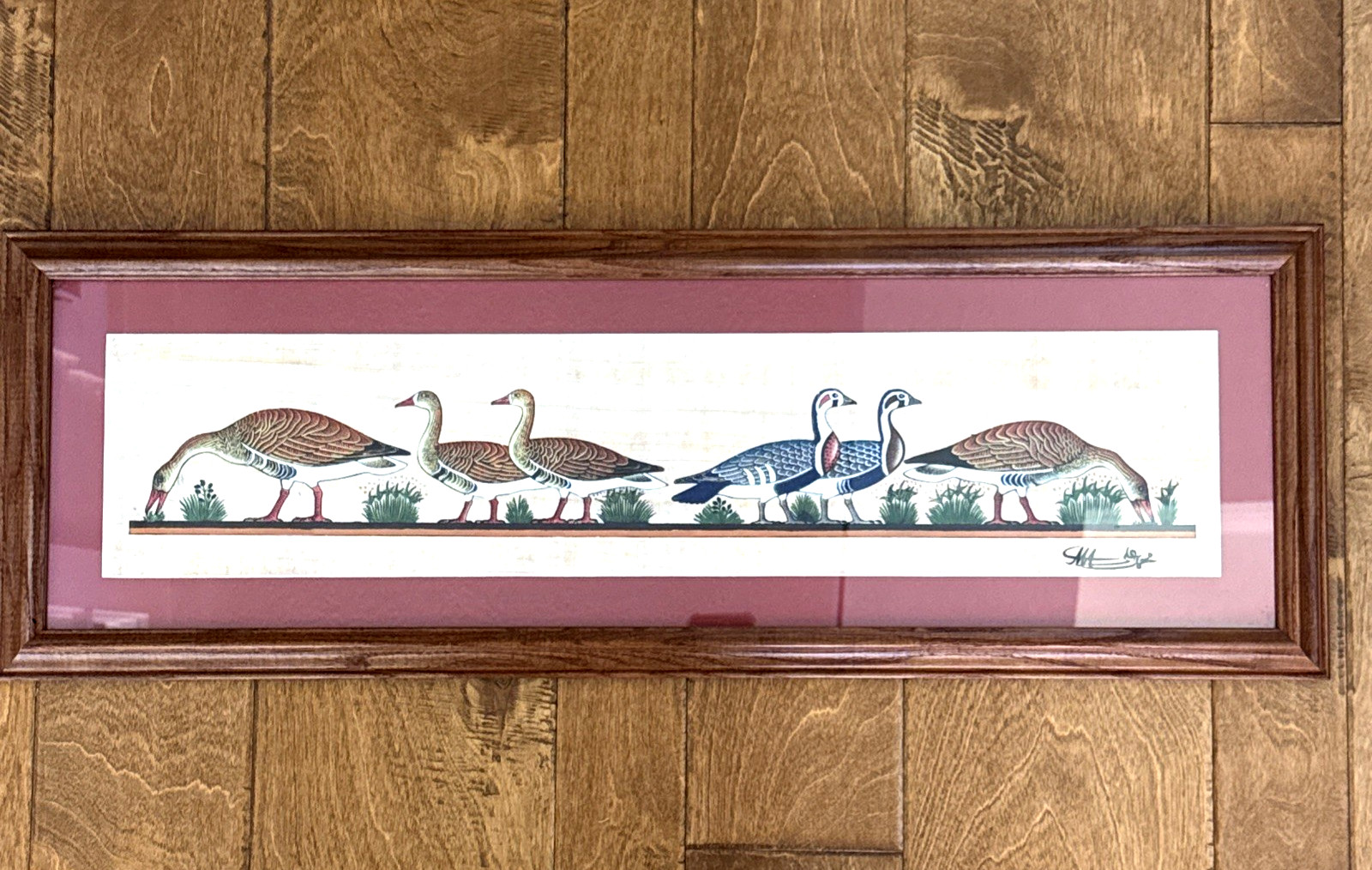 Vintage Meidum Geese Framed Art Egyptian Papyrus Bird Wall Decor 30 x 10 Signed