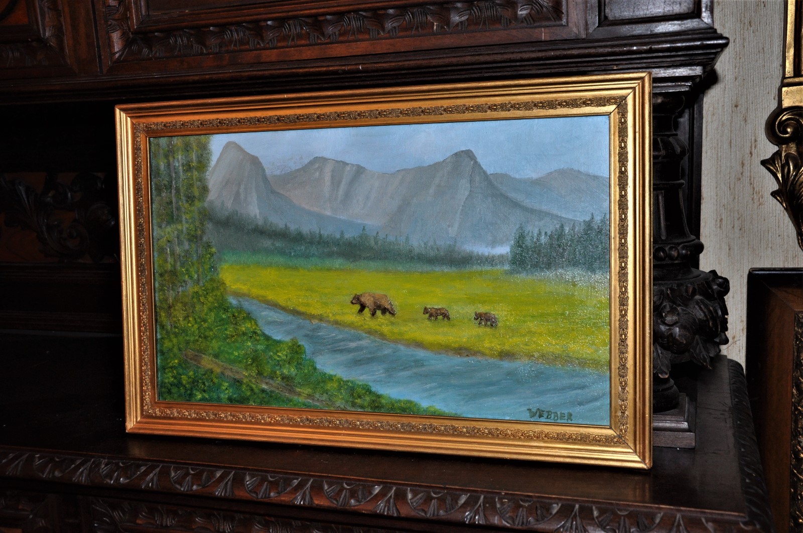 Old Yellowstone Landscape with Grizzly and cubs scene by Webber