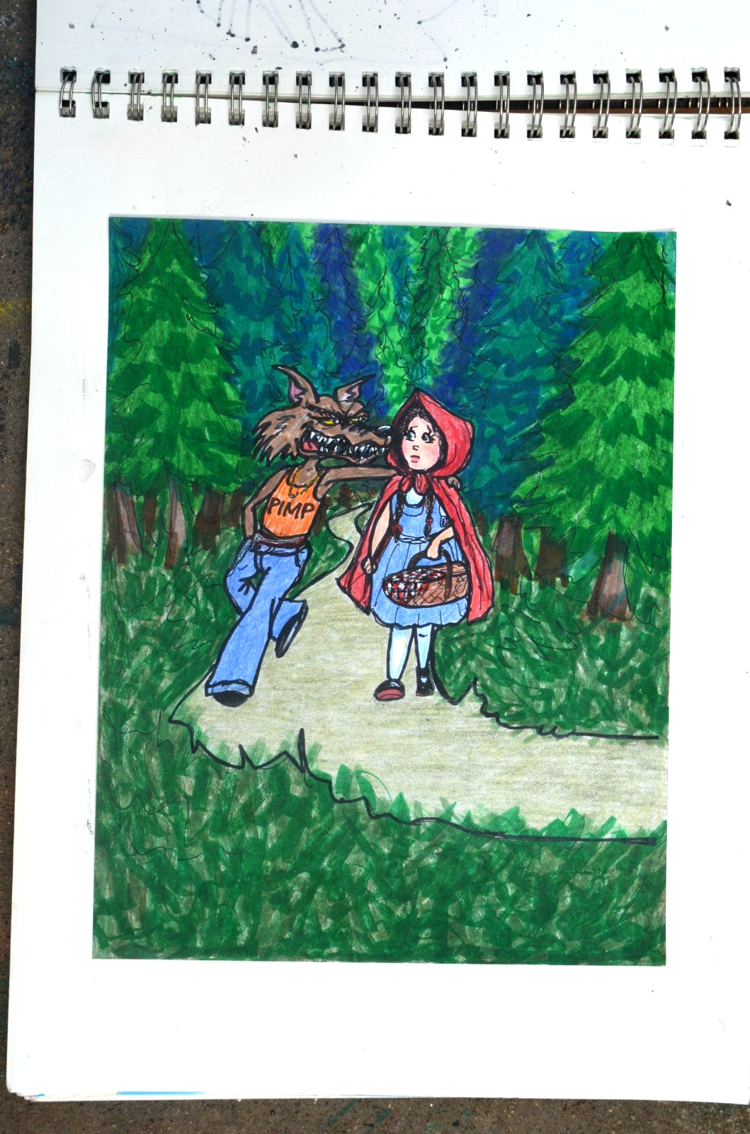 Mixed Media Humorous Big Bad Wolf Red Riding Hood Original Art Signed 8.5 x 11