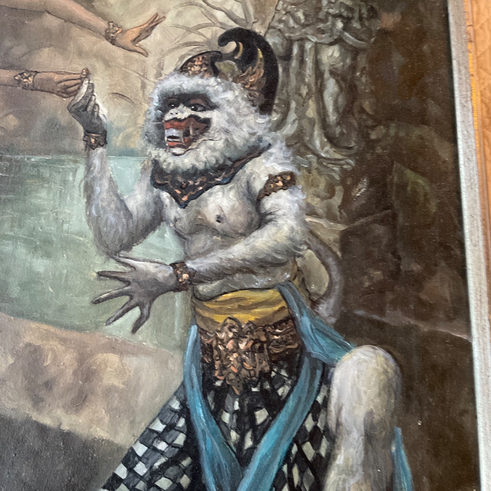 original oil painting Balinese woman portrait mythical monkey god signed vinage