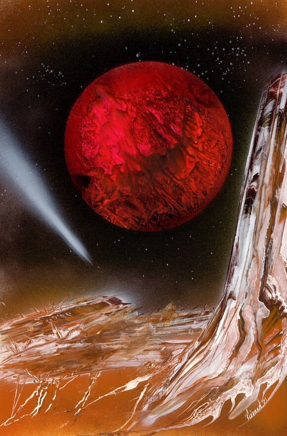 Outer Space Artwork Landscape with Comet Flying by artist Jason Girard.