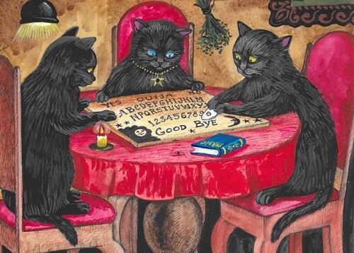 5X7 PRINT OF PAINTING RYTA HALLOWEEN VINTAGE STYLE BLACK CAT OUIJA BOARD ART 🍁