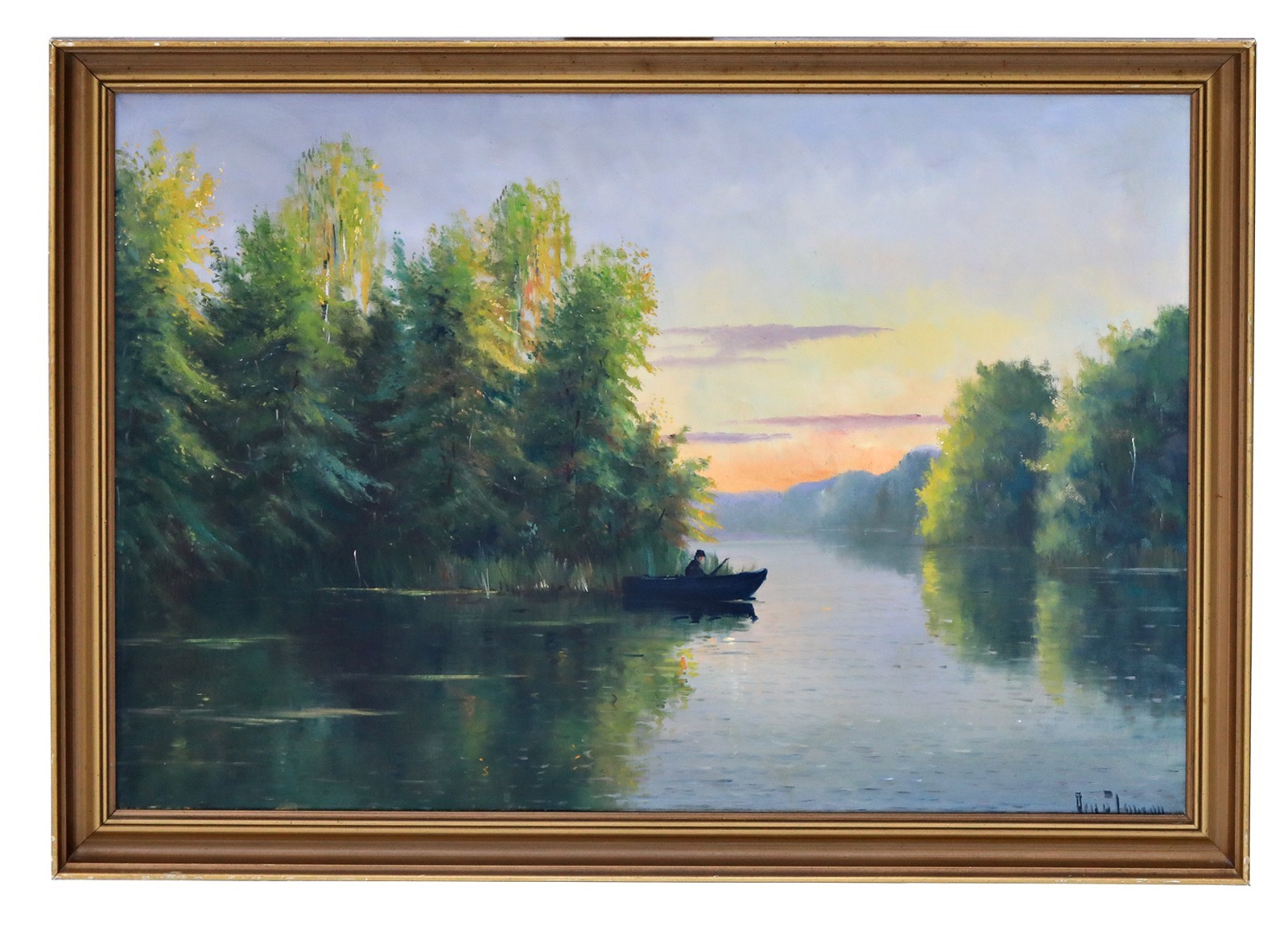 Arup Jensen Framed Oil Painting River Landscape With Boat at Sunset