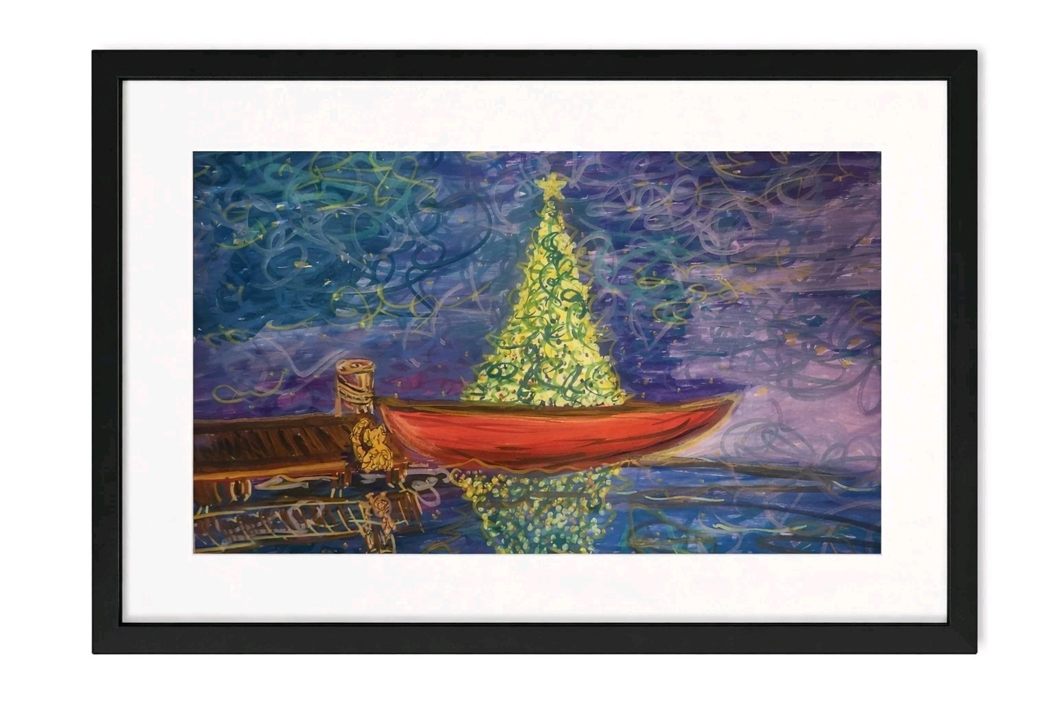 Expressionist Decorated Tree Canoe at Dock w Cat–11×14 Original Acrylic Painting