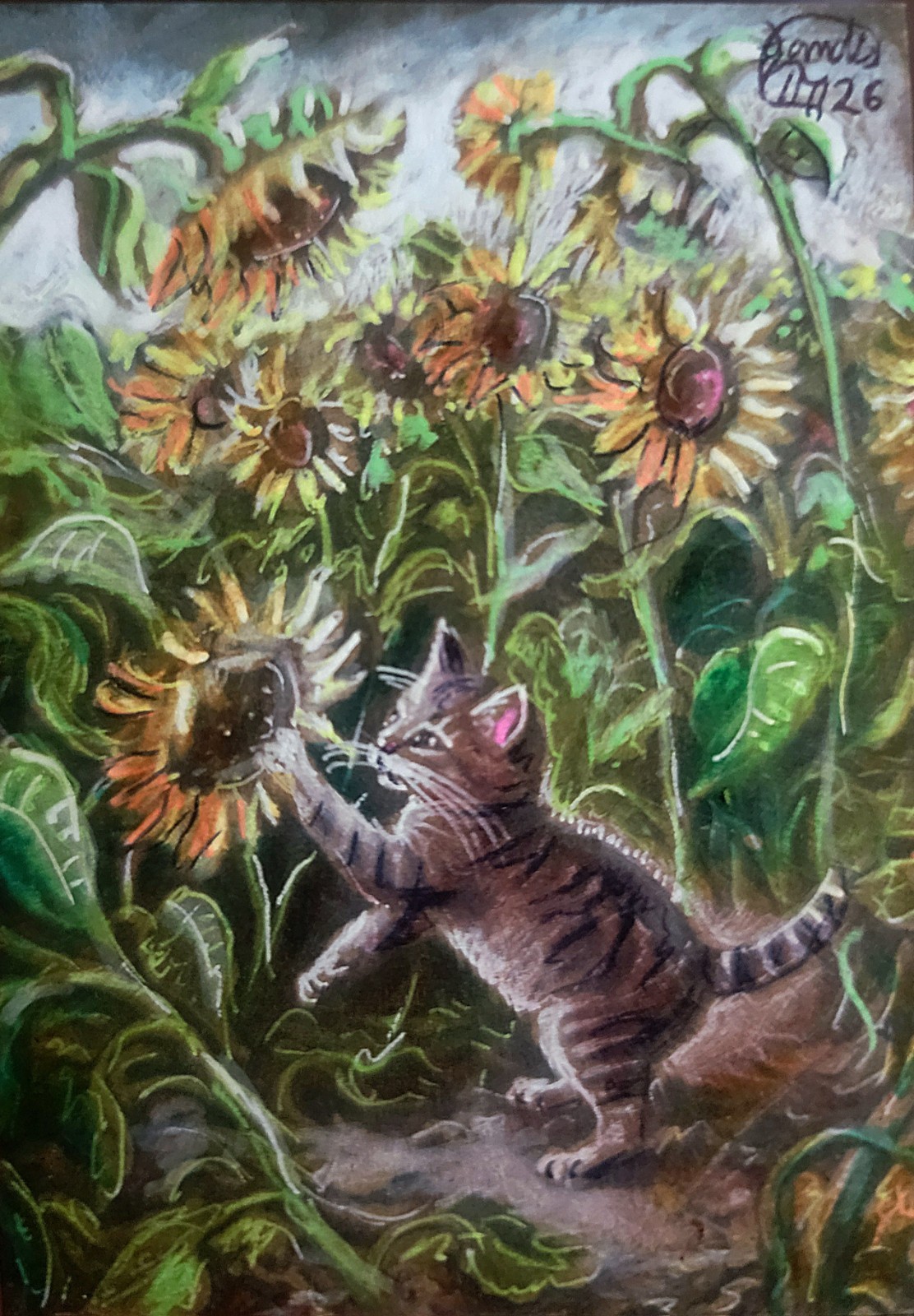 Jacob Landis HANDMADE ORIGINAL Whimsy ACEO Cute Kitten And Fan «A Cool Rest»