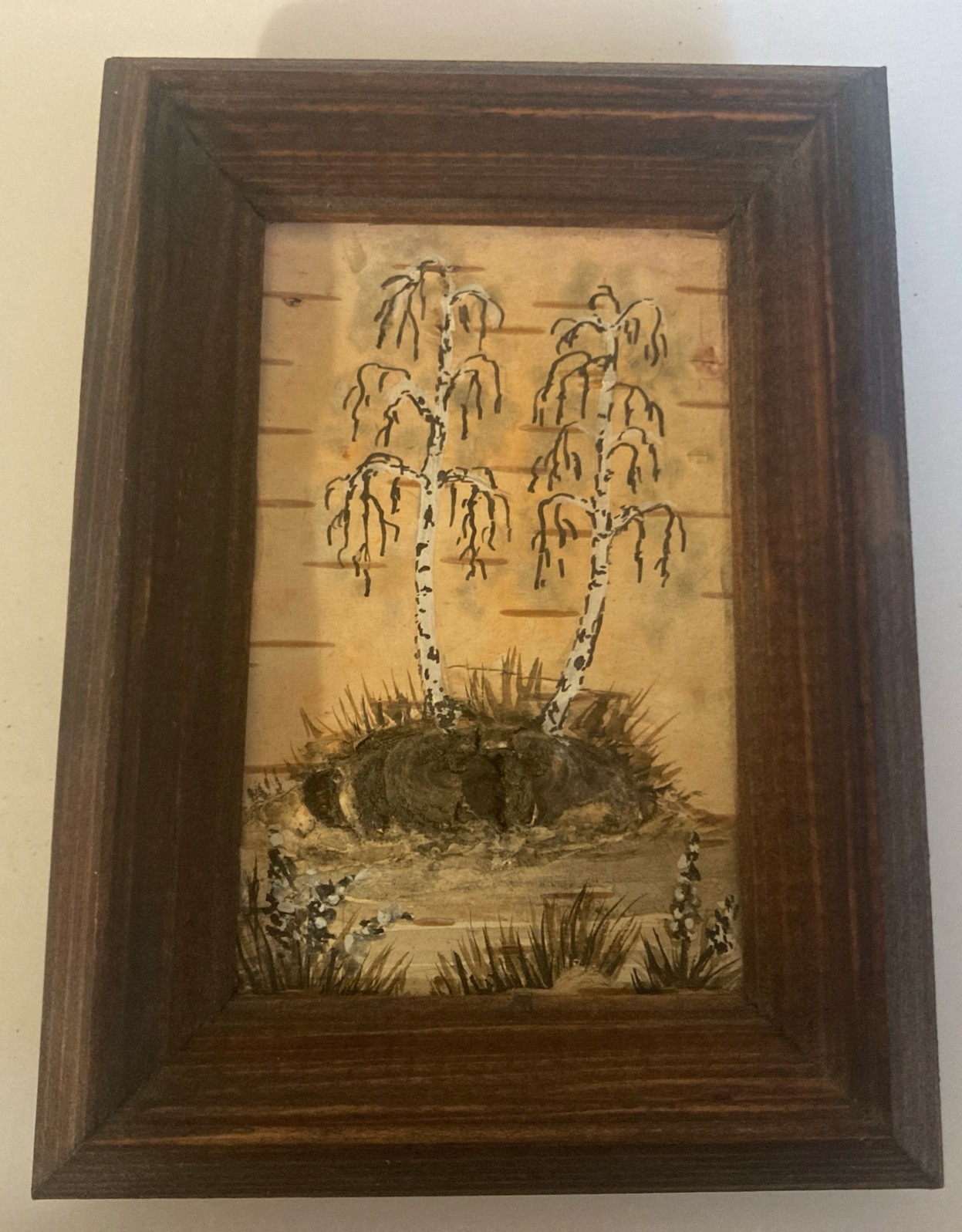 Vtg Small Russian Birch Bark Landscape Framed Artist Signed Set of 3