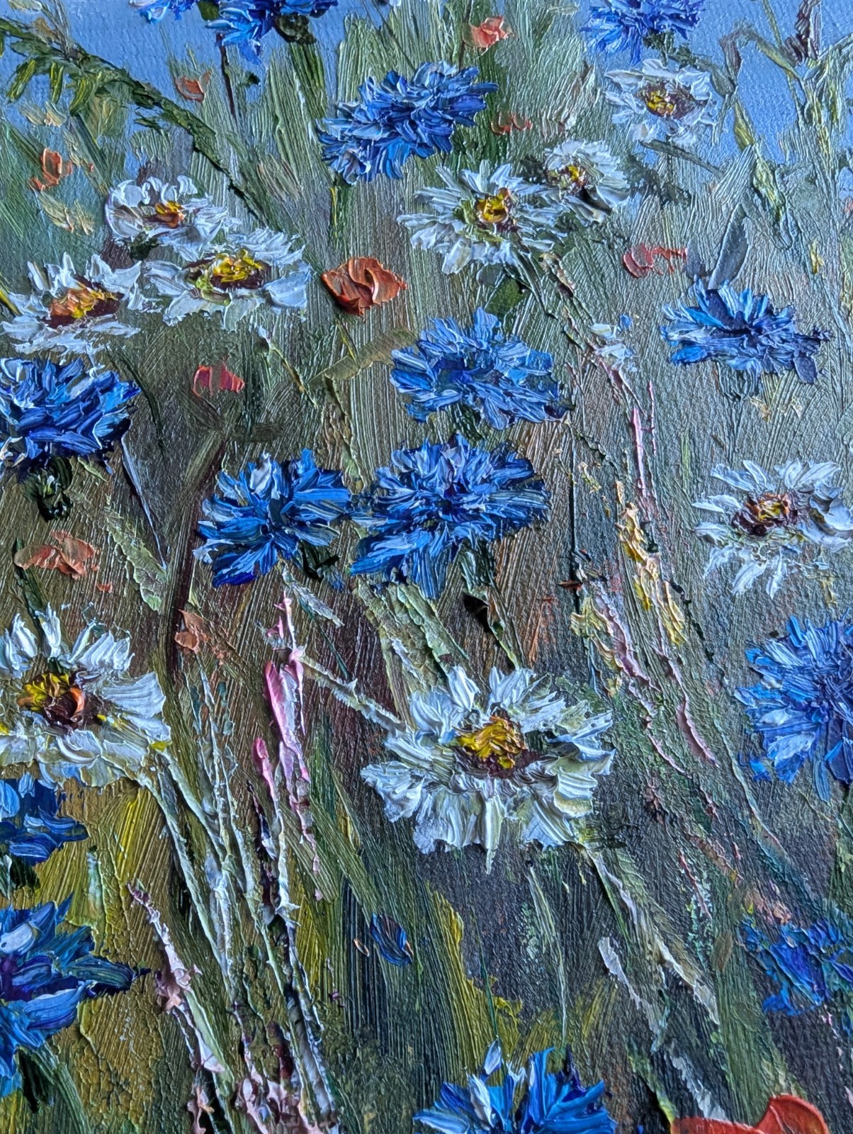 Cornflowers, Daisies, Poppies ORIGINAL OIL Painting WILDFLOWERS impasto 10″x 8″