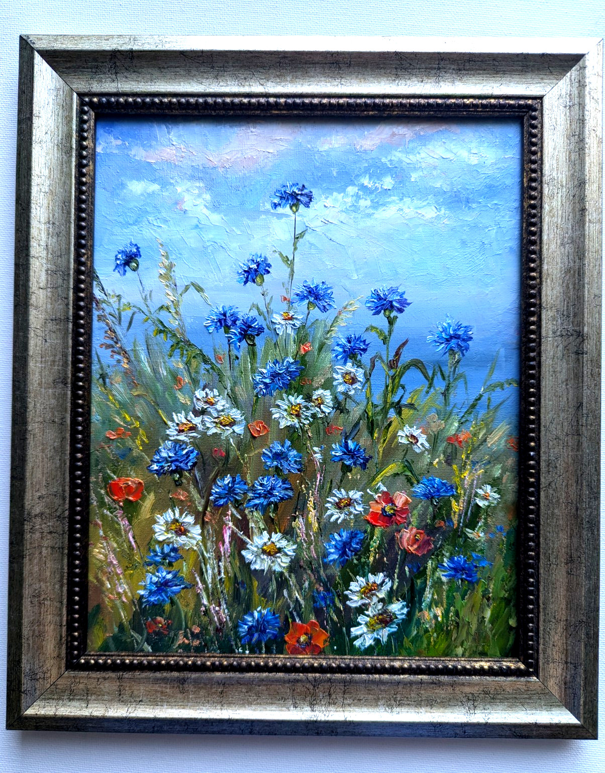 Cornflowers, Daisies, Poppies ORIGINAL OIL Painting WILDFLOWERS impasto 10″x 8″
