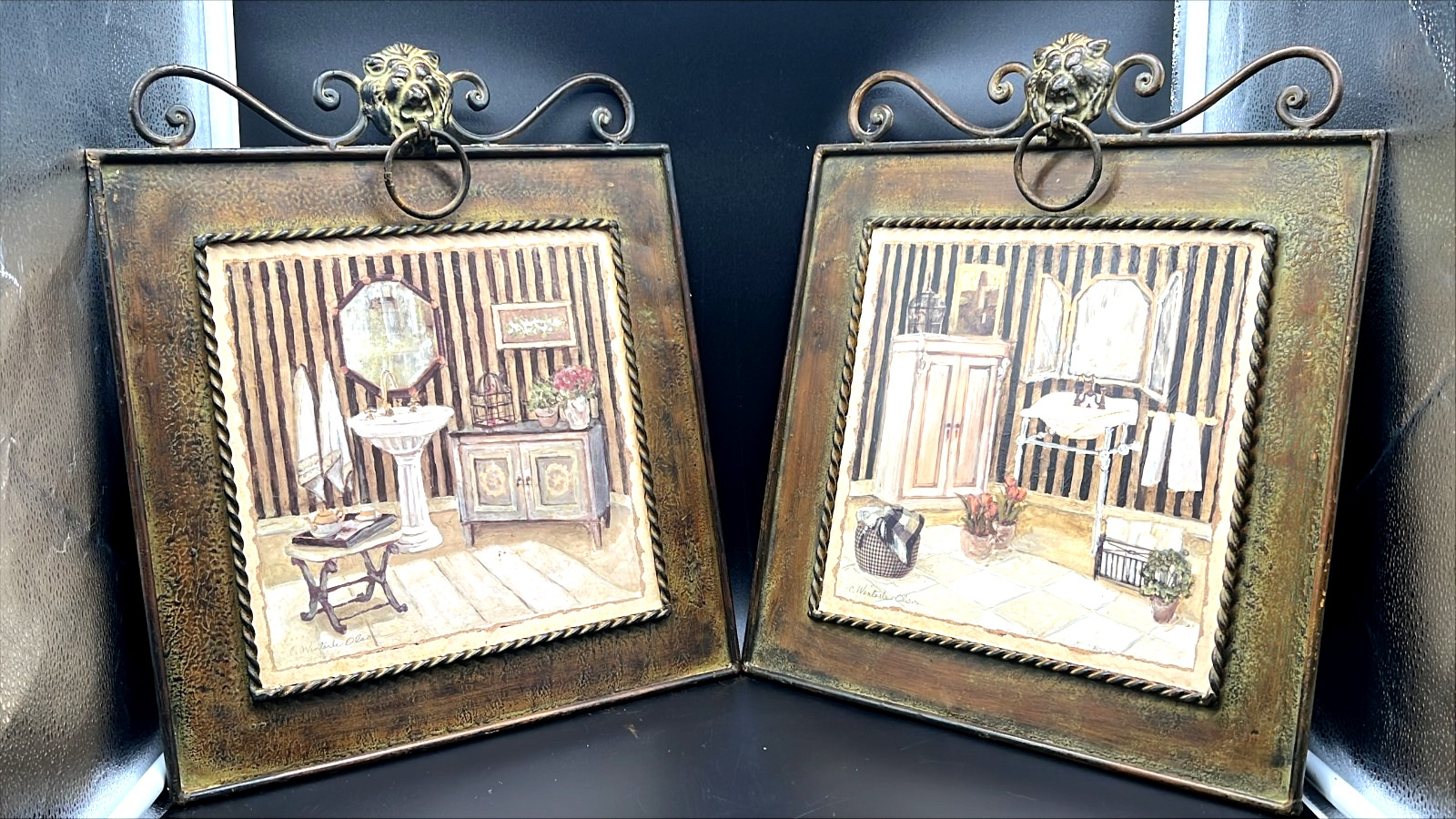 2 PC C Winterle Olson Metal Wall Art Vanity Powder Room Lions Head Knocker 16×14