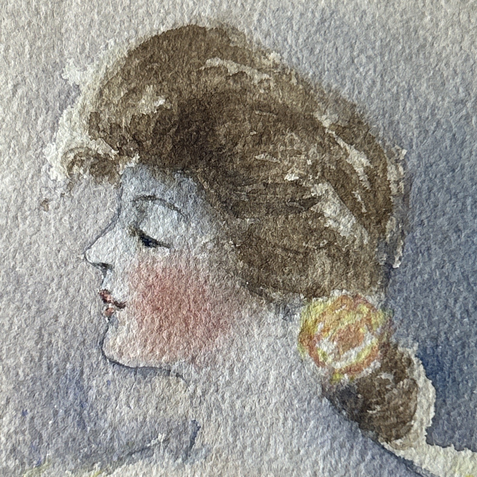 Antique Original Watercolor Painting Portrait of Victorian Lady 10 x 10 Square