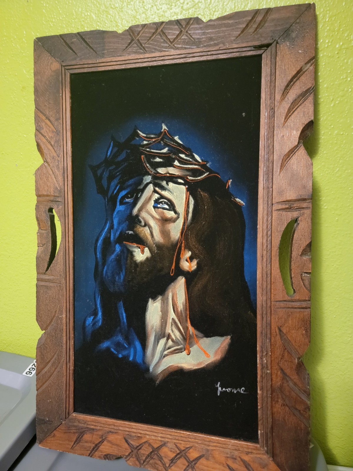 Vintage Jesus Christ Velvet Painting Wooden Frame Signed Arturo Mexico 16″ x 24″