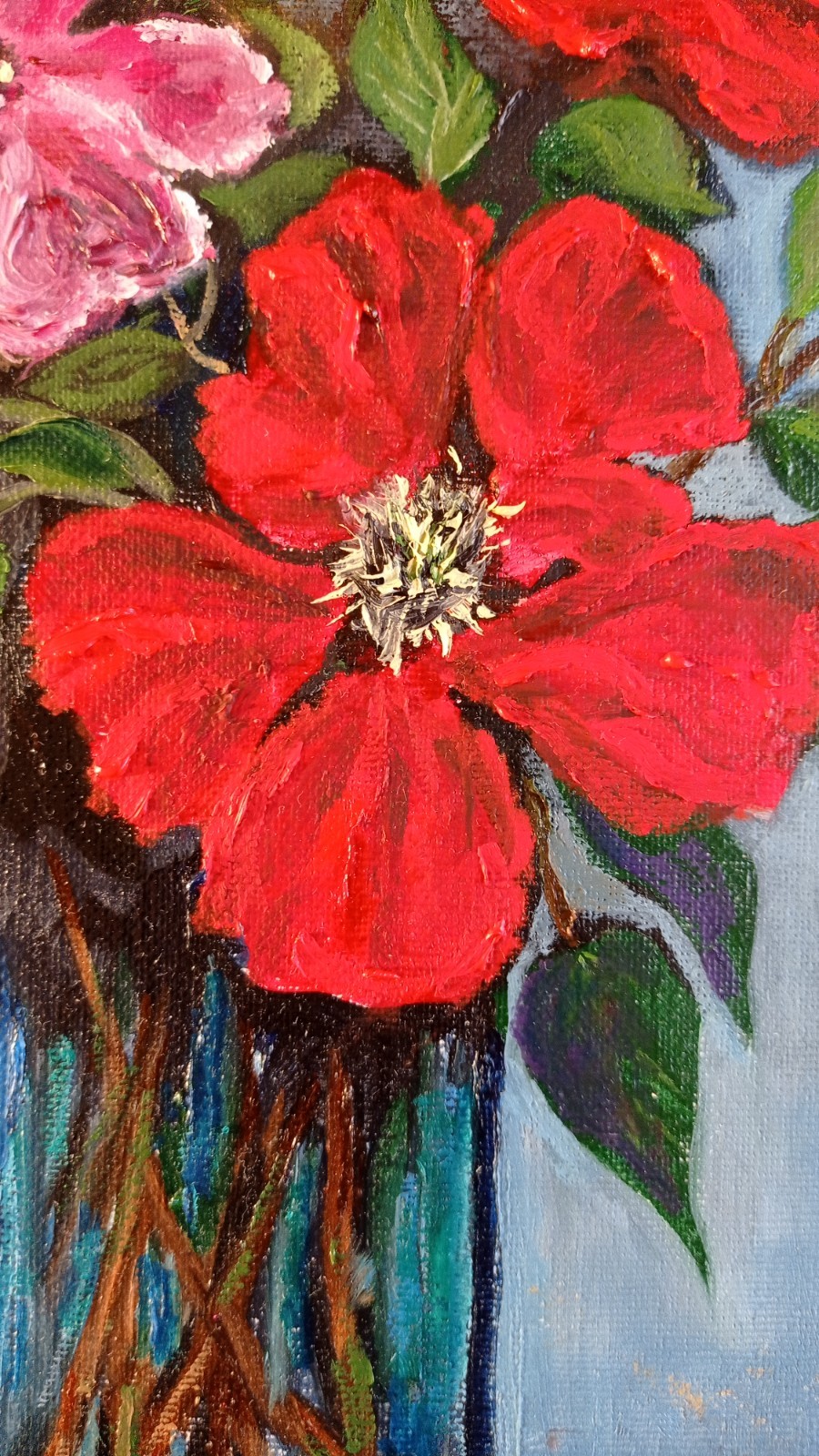 Colorful Floral Artwork Red and Purple Flowers Paintin Original Oil Art 11×14 in