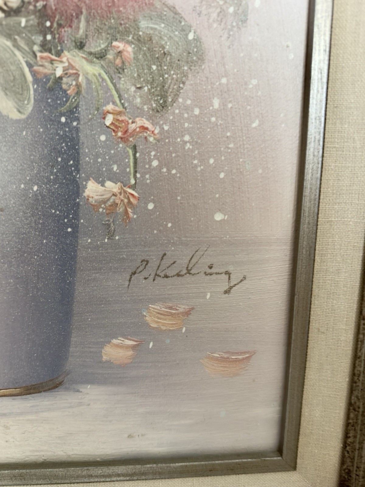 Vintage Framed Floral Painting Textured Canvas Shabby Chic Cottage Decor
