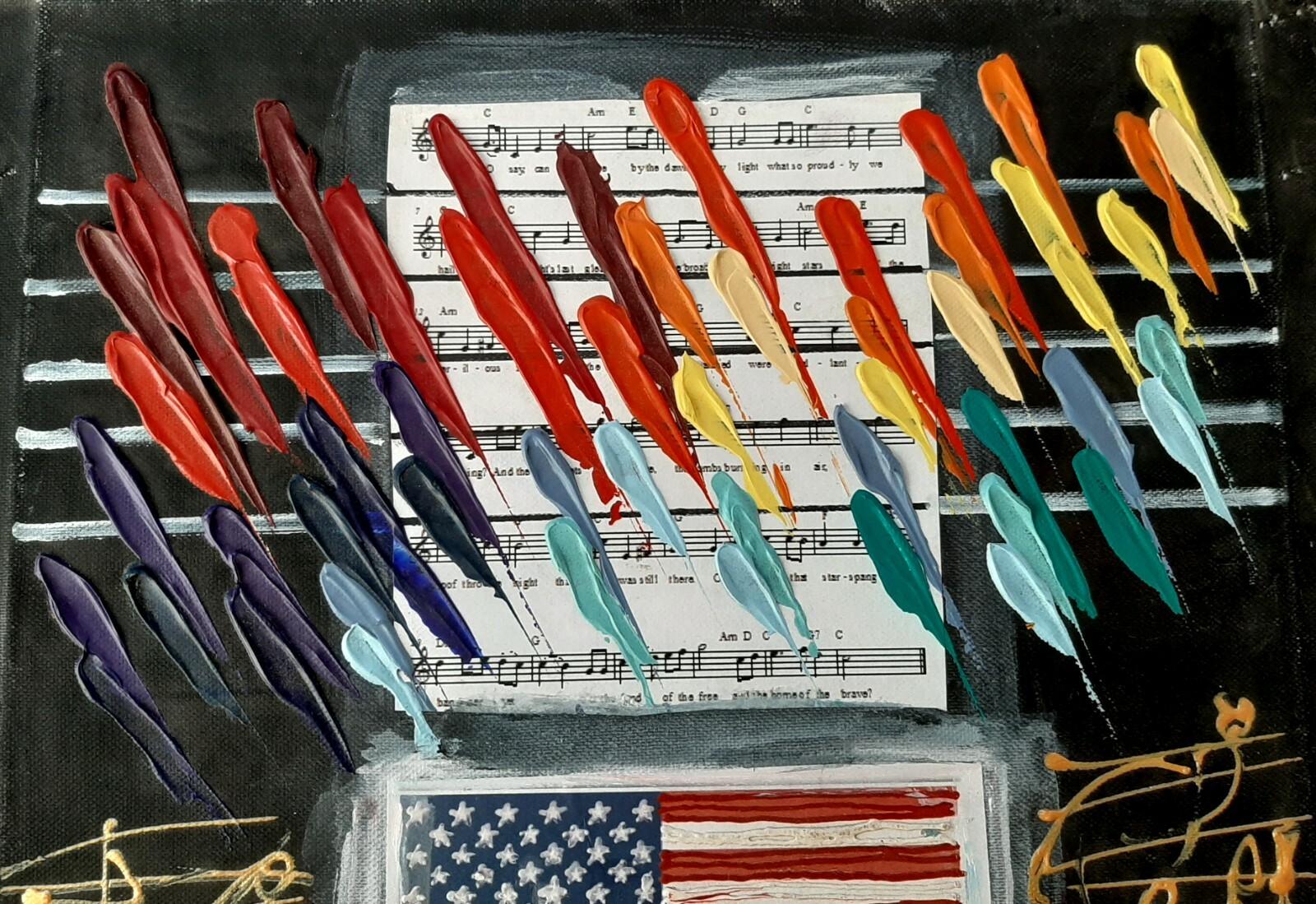 KORB, Oil on Canvas With Collage, American Flag, Musical Theme, Abstract