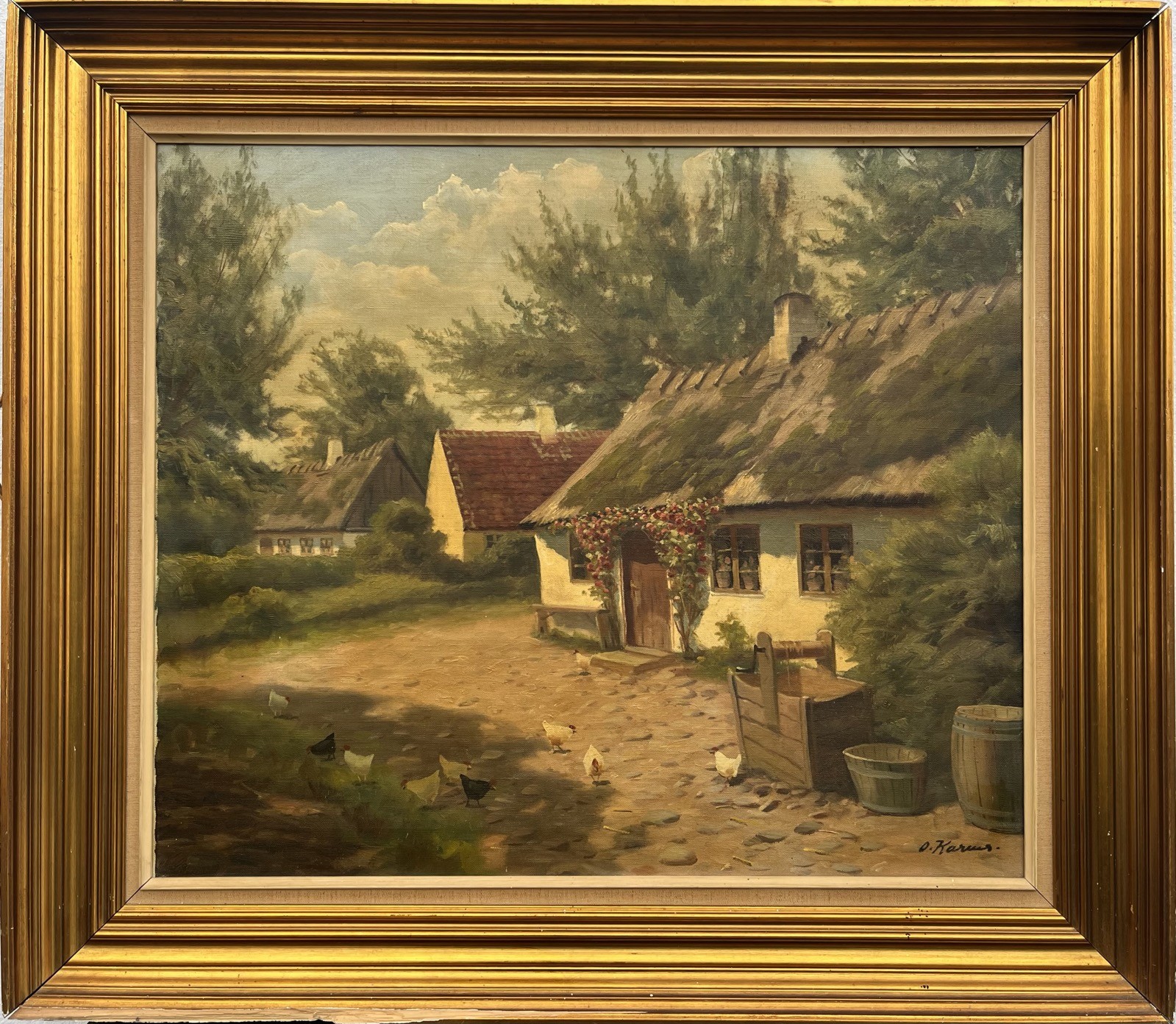 Osvald Karms 1885-1972 Farmhouse IN The Sunlight Yard Chickens Hollyhock Oil
