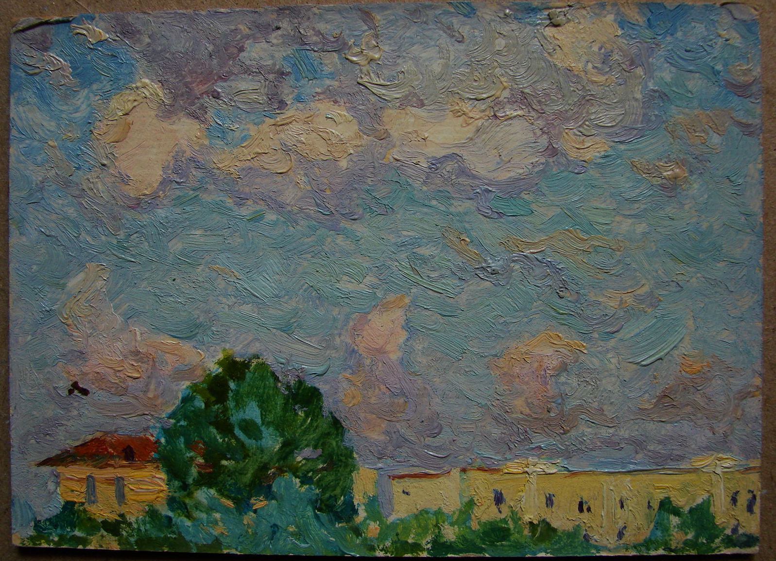 Ukrainian Soviet Oil Painting impressionism Cityscape small town sky