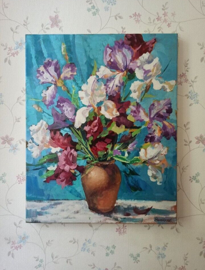 ORIGINAL Painting on canvas Bouquet of Irises Realism 19.68/15.74 inch