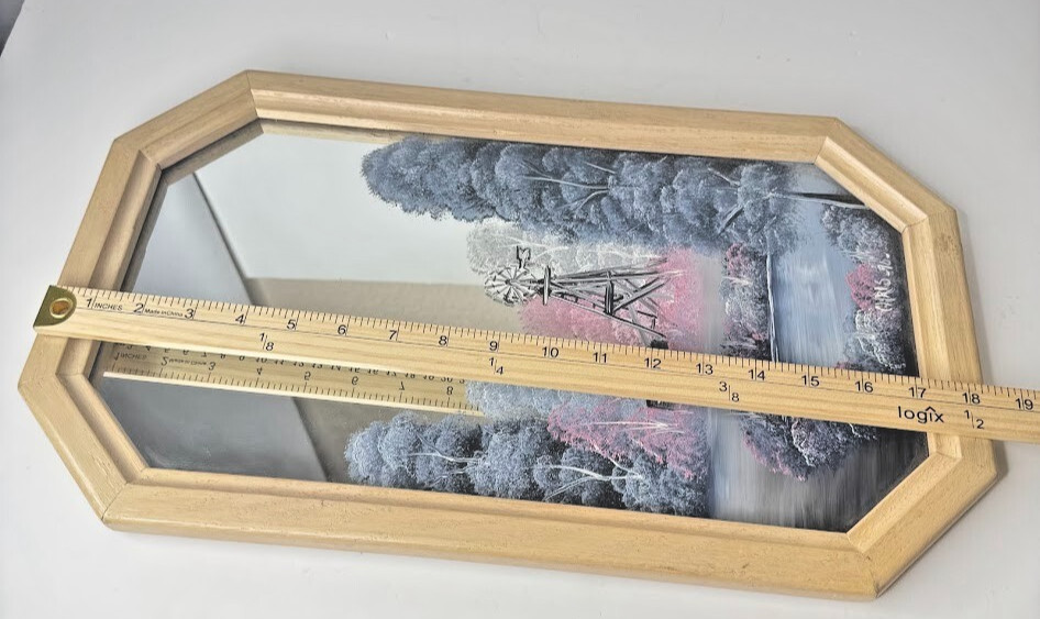 Vintage Original Landscape With Windmill/Trees/ Pond Painted on Mirror Singed