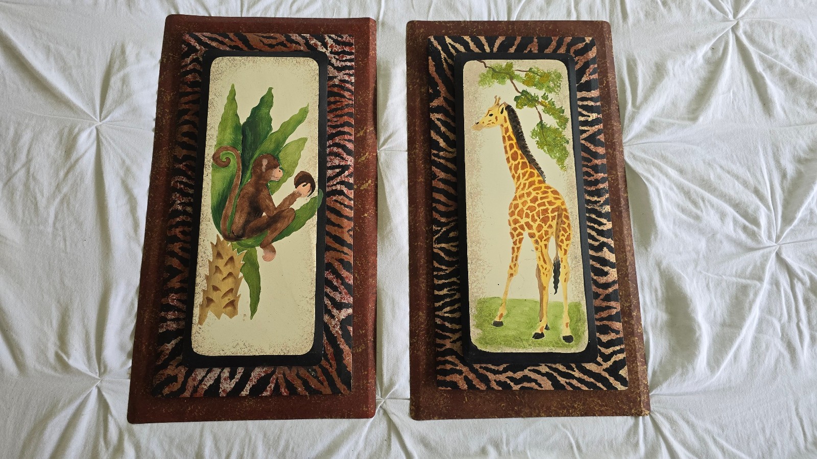 Monkey & Giraffe Painting on Metal 3D frame Sana Ellis Workshop 9.5″ x 17.5″