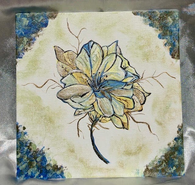 OOAK Original Painting, «Dahlia Style» Acrylic Paint, Blue, Gold & Pearl
