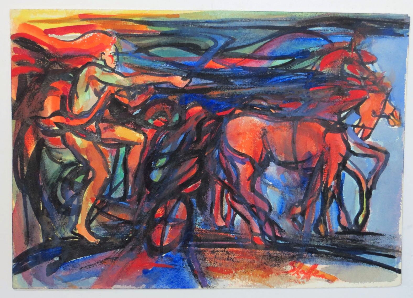 Original Watercolor Painting of Lady with Horses by Carl Shaffer, WPA Artist
