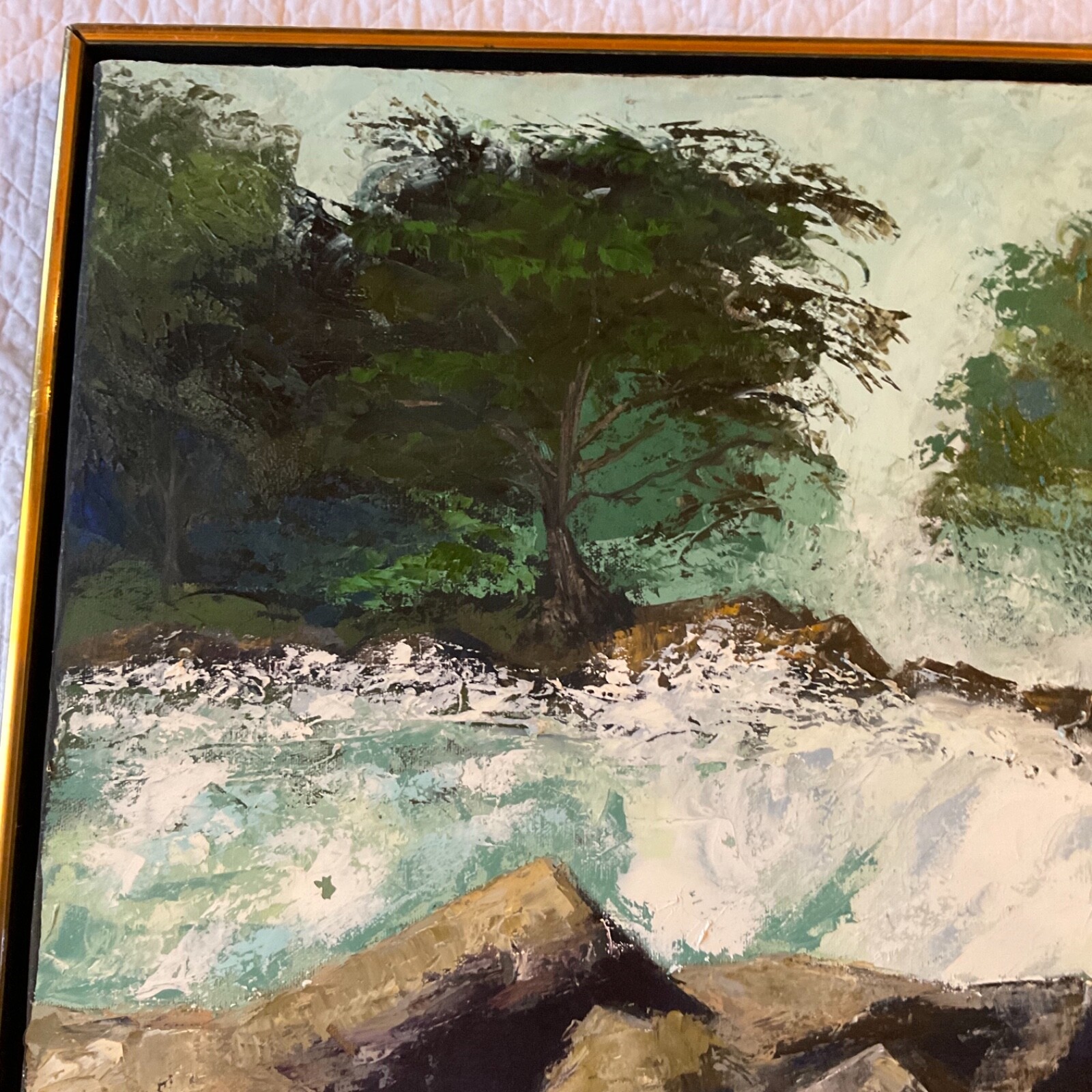 VINTAGE 70s abstract original hand painted oil PAINTING by Upton ocean teal blue