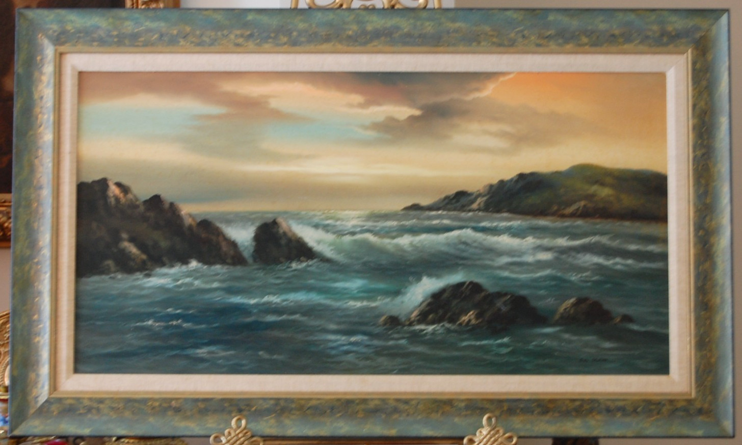 VTG FRAMED ORIGINAL OIL FOAMY WAVES & ROCKS MOODY SEASCAPE ARTIST: JOHN STUART