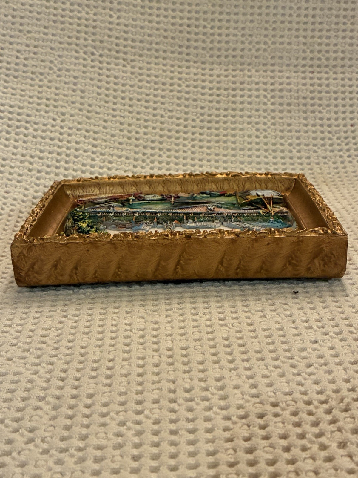 3D Painted resin &plaster relief gold “frame” Seine river Eiffel Tower Paris 5×7