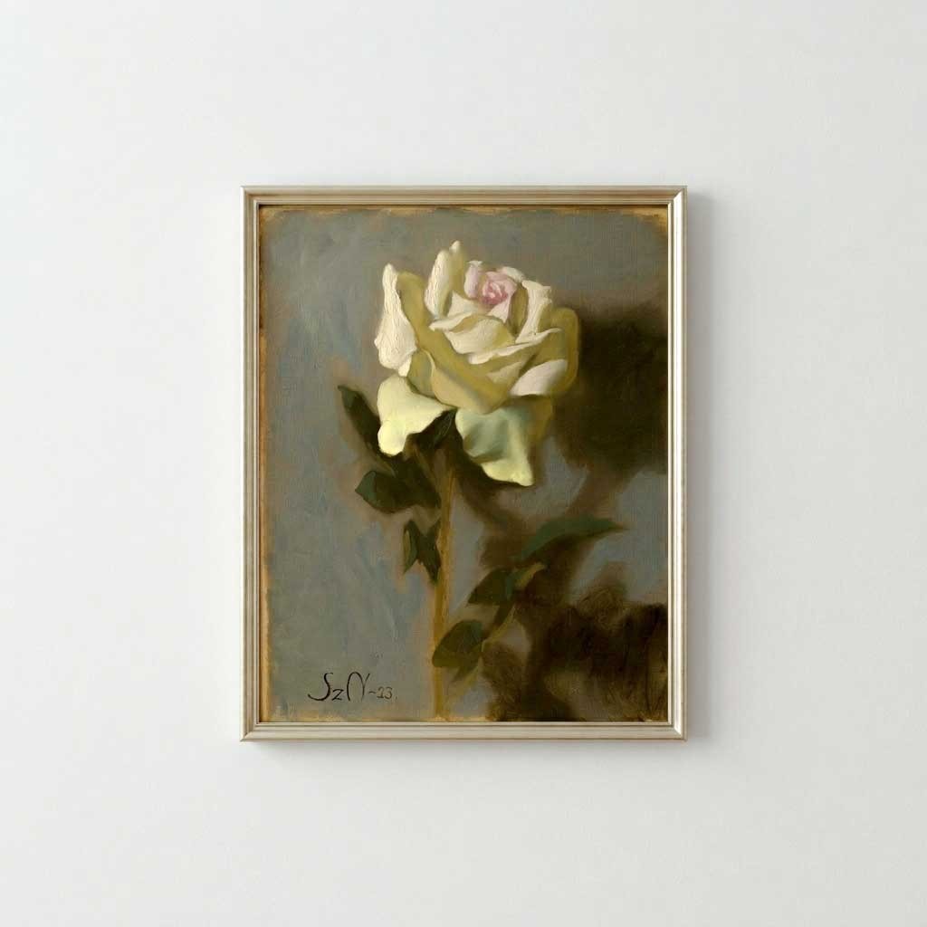 Original Oil Painting White Rose Floral 12×10 Soft Classical Grisaille Style