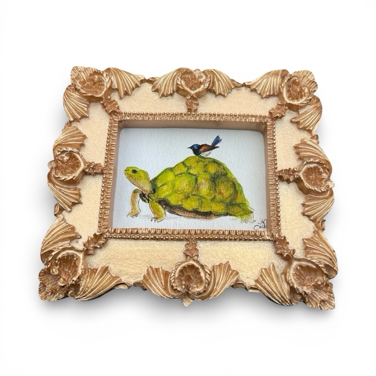 Turtle & Fairy Wren watercolor print of original painting in mini ornate frame