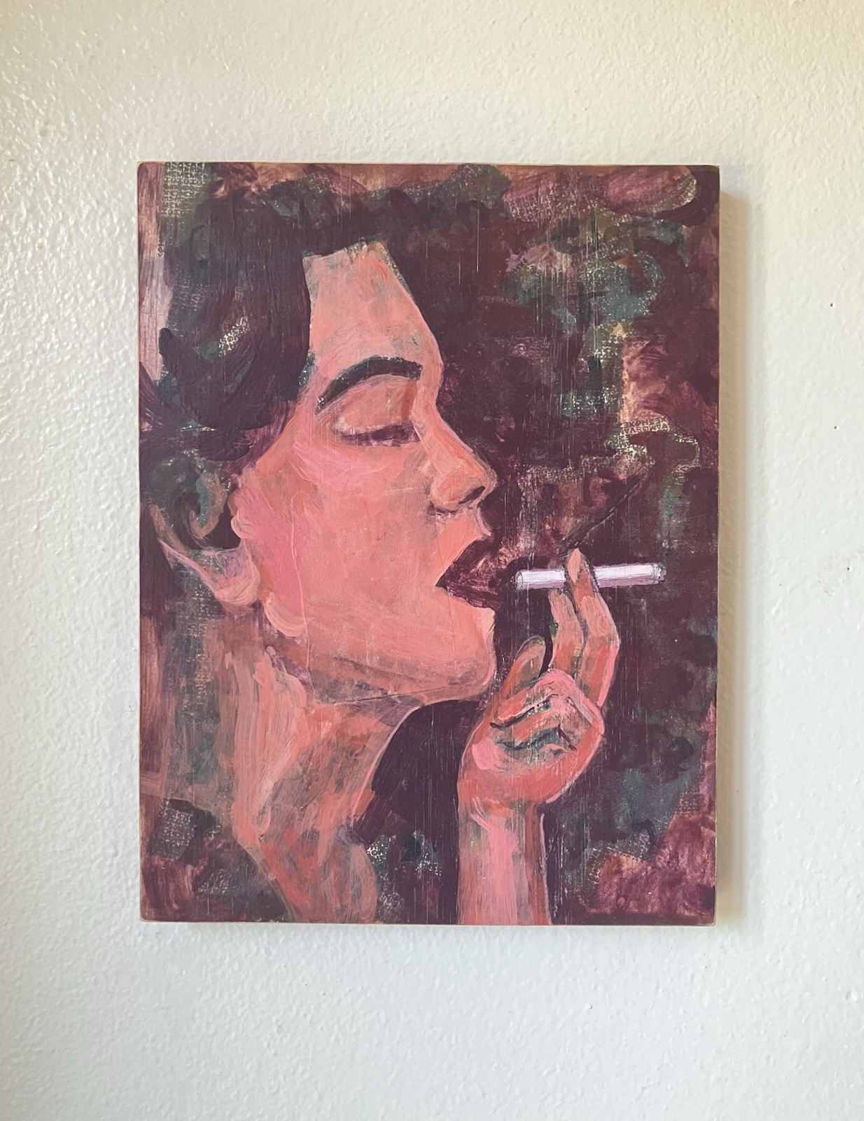 Woman Smoking Painting On Wood 8 1/2” x 11 1/8” Original Cigarette Signed tmt