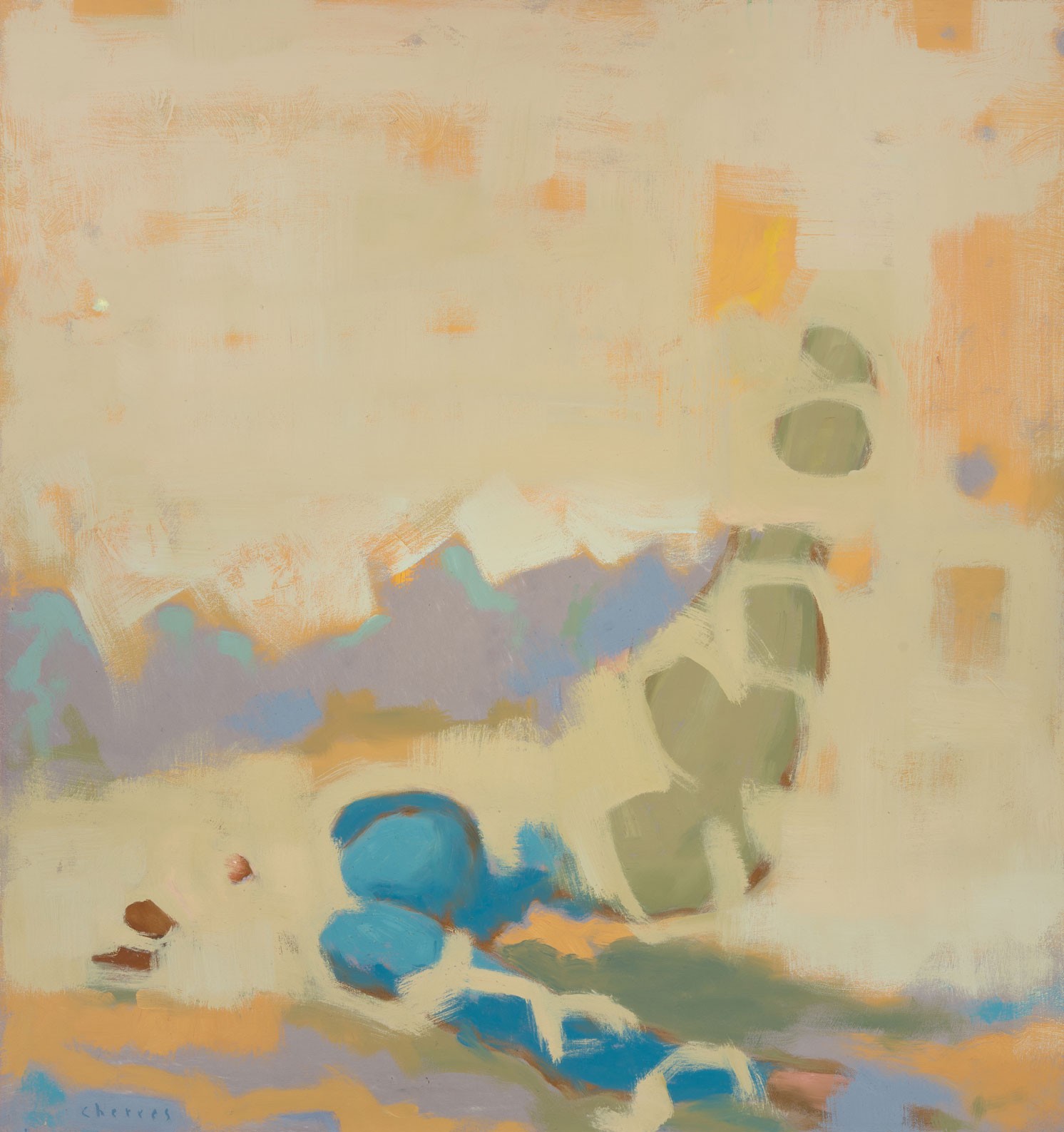 Melon and Green Abstract Landscape Original Oil Painting 34×32 Aldo Cherres Art