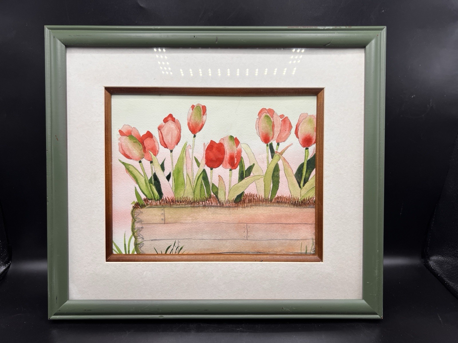 Framed Watercolor Art Tulips Glass Wood Mat Green Pink Red Floral 13.5”X15”