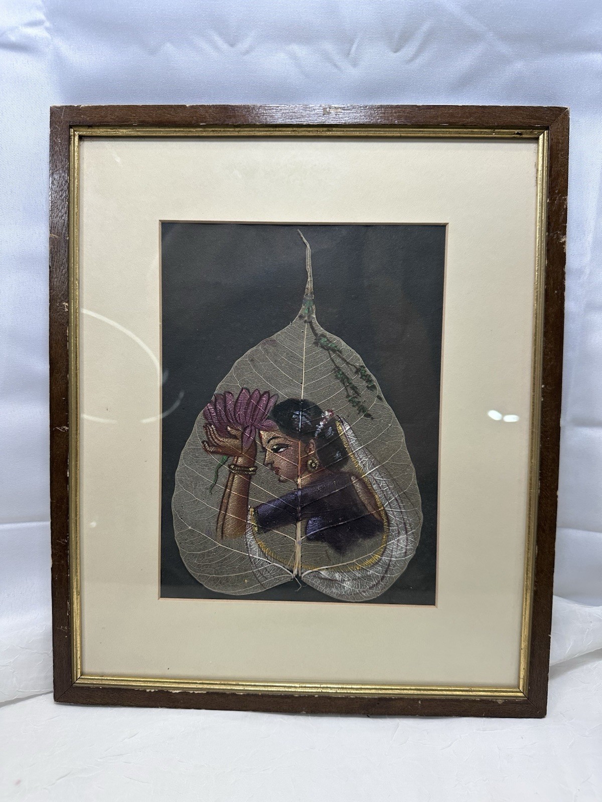 Vtg Hand-Painted Oil Painting Woman On Pipal Tree Leaf Peepal India Framed 14×11