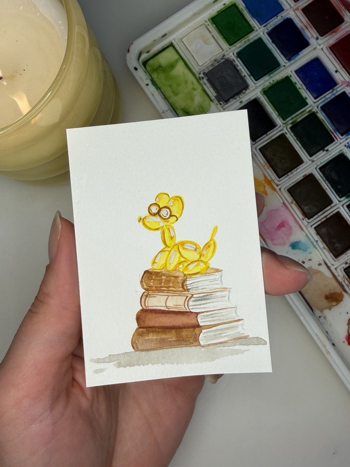 ACEO Original 2.5×3.5in / Balloon DoG And Books / Mini Art