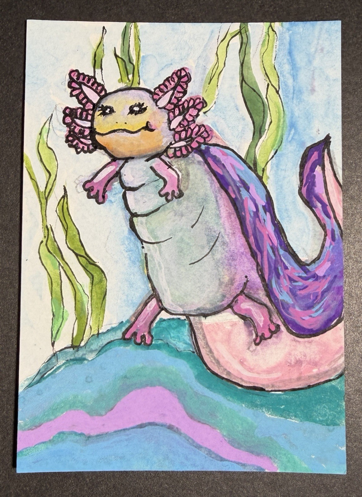 ACEO Original, axolotl, smile, bright colors, acrylic, painting Patty Ewing
