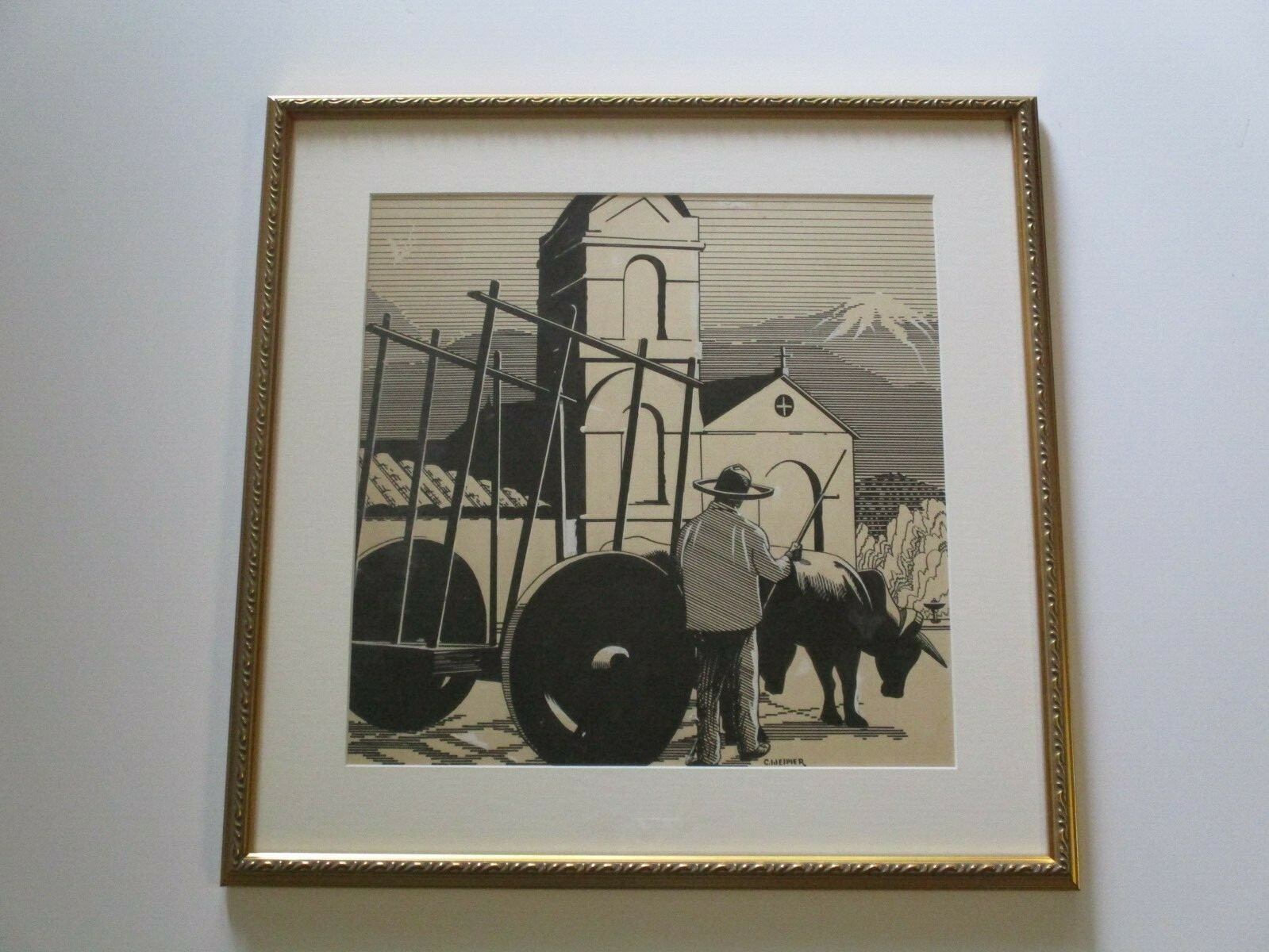 ANTIQUE PAINTING DRAWING ART DECO ILLUSTRATION LANDSCAPE HISTORIC MISSION ICON