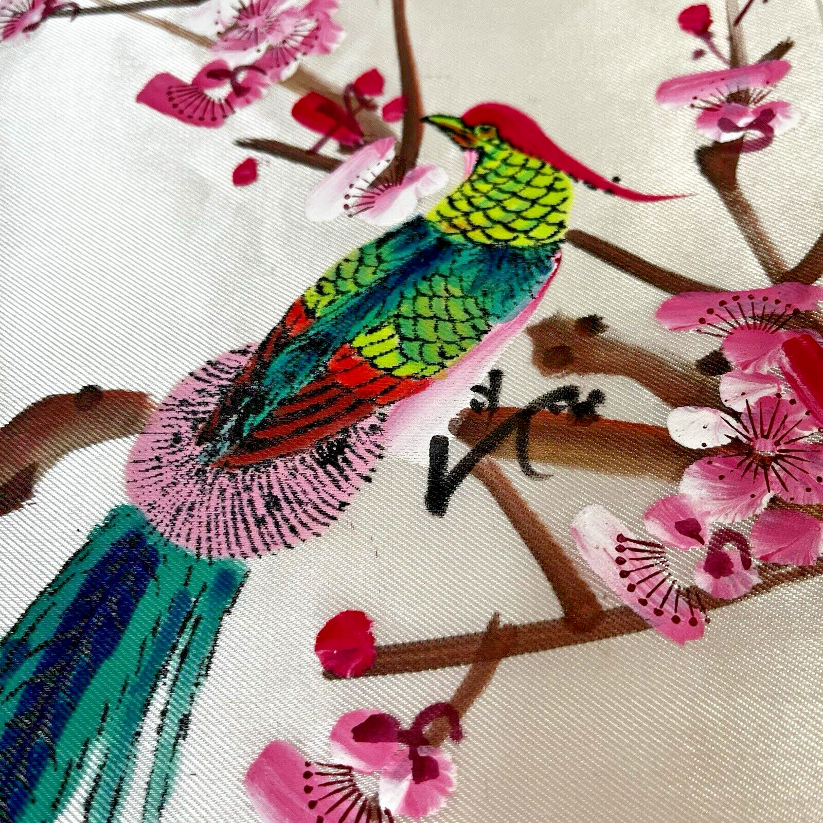 Set 2 Vintage Chinese Silk Painting Panels Birds in Flowering Tree 18.5″ x 11.5″
