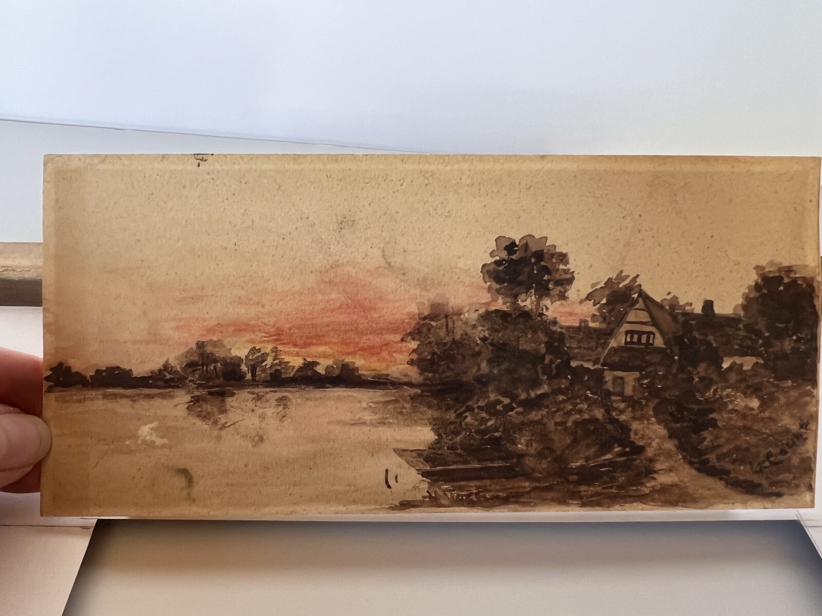 Antique Signed Watercolor Signed Li Coun? Framed. Art Measure 3.25”x7.25”
