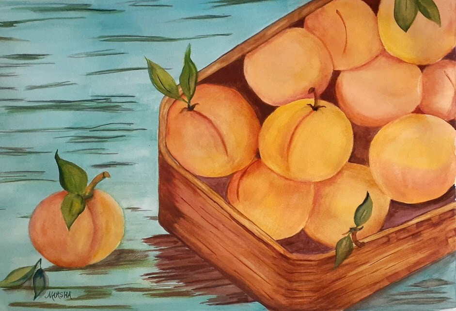ART PAINTING WATERCOLOR «BOX OF PEACHES« ORANGE YELLOW AQUA GREEN BROWN FRUIT