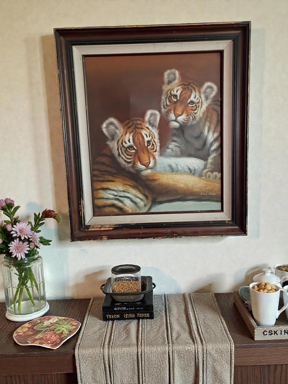 Oil Painting Tiger Cubs Vintage Art By Rosie Jones Large Framed 32.5” x 27.5”