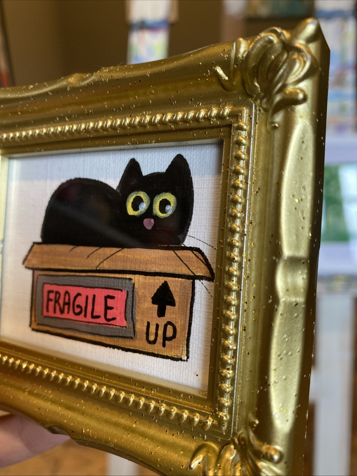 Black Cat In The Box, original ,funny,3/4,miniature,framed