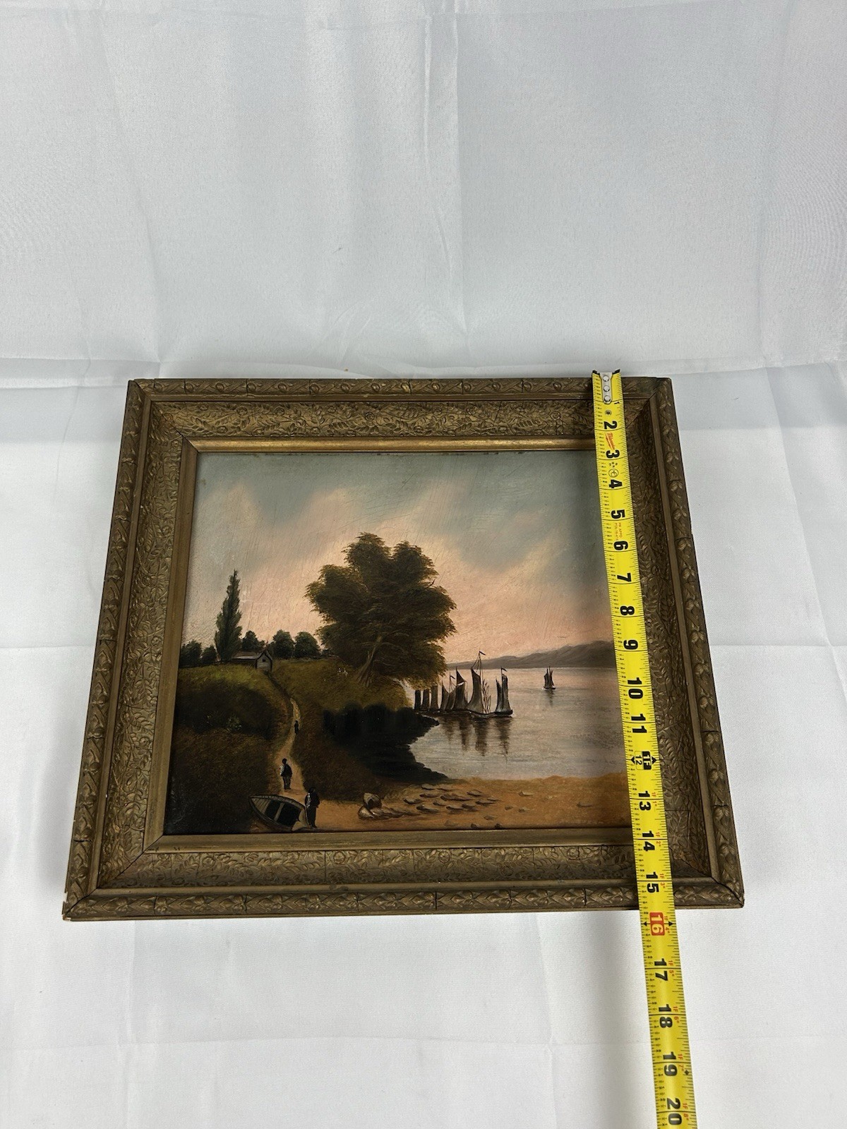 Vintage Unidentified Framed Landscape Lake With Cattle Oil Painting Unknown