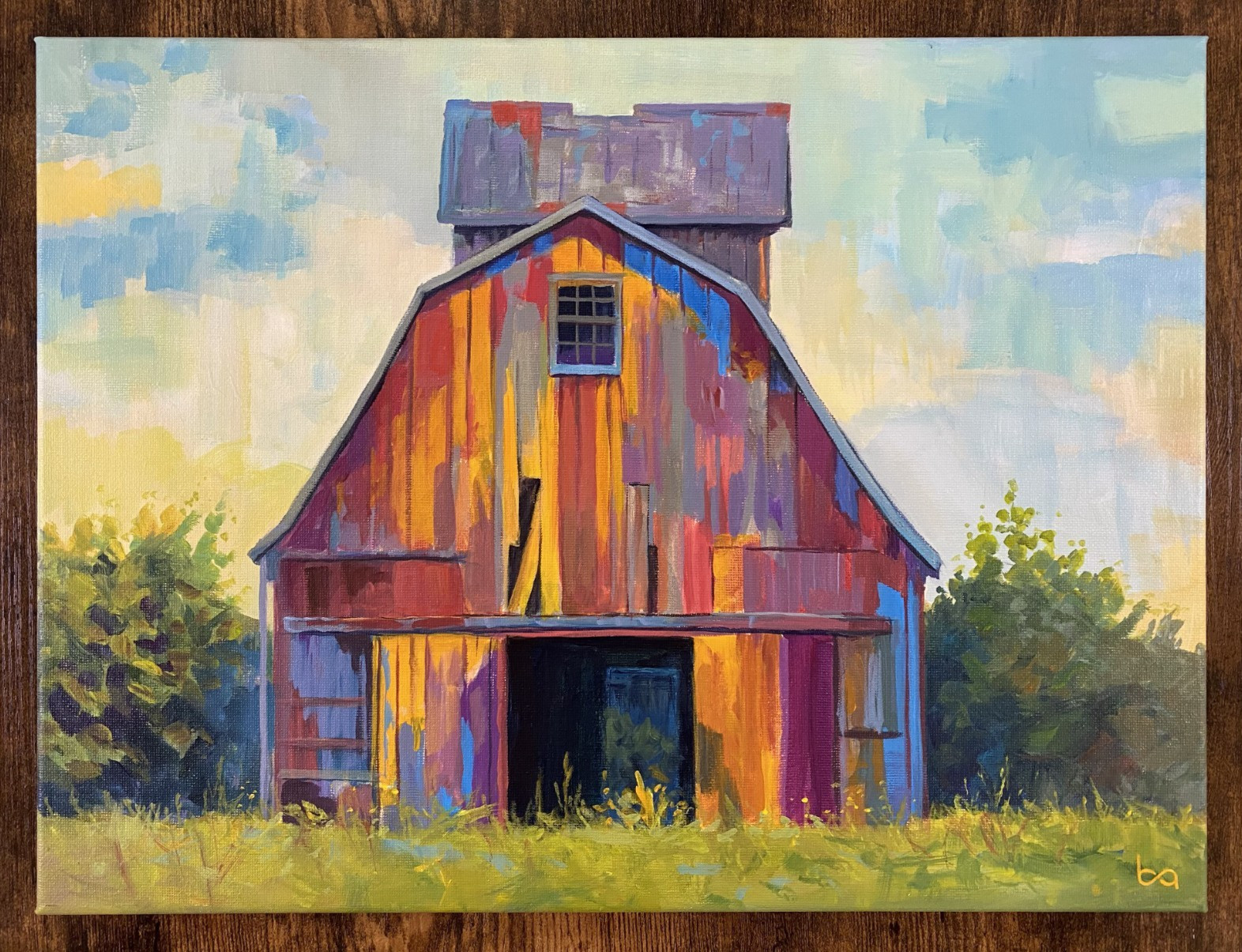 Colorful Red Barn Original Acrylic Painting Farmhouse Country Landscape Wall Art