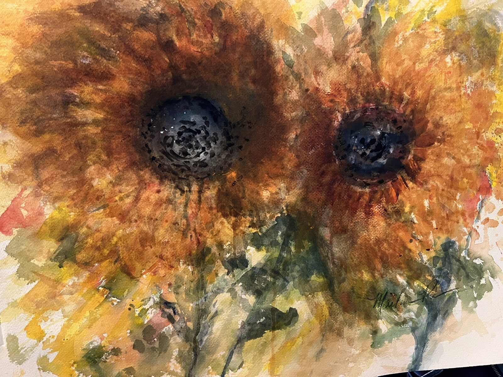 Yellow Sunflowers Original Watercolor Painting 18×24” Unframed Art