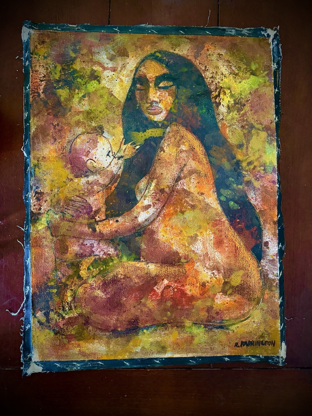 ORIGINAL ROBERT FARRINGTON OIL MOTHER & CHILD SIGNED LISTED ARTIST EXPRESSIONIST