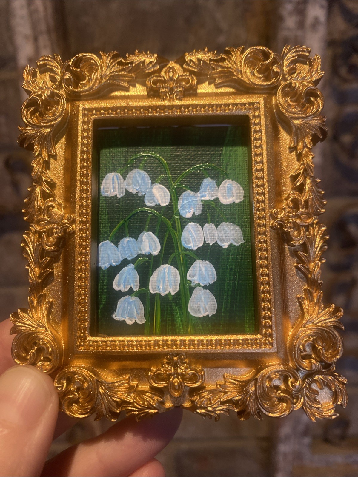 Lily Of The Valley,Original Painting On Paper,3/3,5 framed,miniature,small,mini