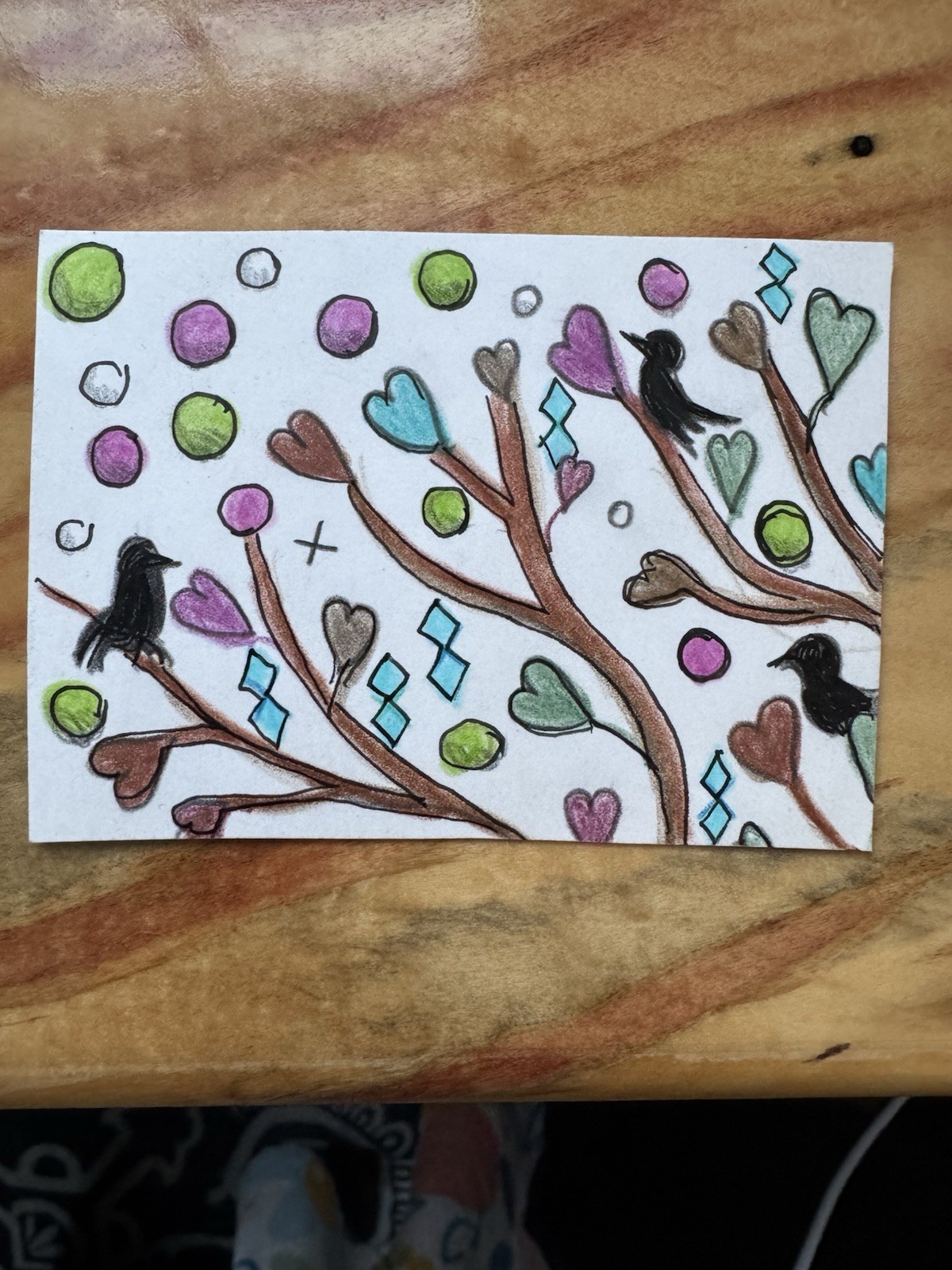 Aceo Original Art Trading Card, sweet happy birds in a tree, Art By Sommer Rayn